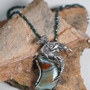 Silver Dragon on a Moon Agate – Exquisite Handmade Pendant-Dragon and Moon Agate – Exclusive Silver Pendant-OOAK