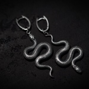 Statement snake silver earrings . Serpent gothic alchemy occult jewelry hand made by Ellen Rococo.