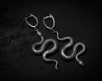 Statement snake silver earrings . Serpent gothic alchemy occult jewelry hand made by Ellen Rococo.