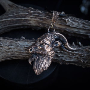 Op de afbeelding: Een zilverkleurige hanger in de vorm van een geitenkop met gedetailleerde kenmerken, waaronder hoorns, een baard en een getextureerd oppervlak. De hanger hangt aan een ketting en rust op een stuk geweihorn.