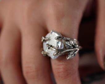 Baroque Pearl Silver Ring | Organic Pearl Ring | Handmade Statement Ring | Gothic Botanical Jewelry |