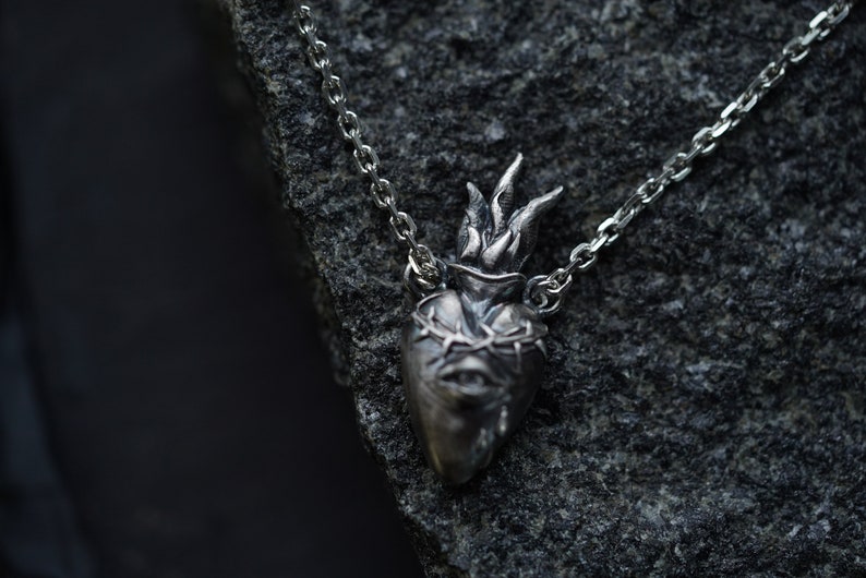 Sterling silver Sacred Heart with thorns necklace Human anatomical heart charm pendant handmade by Ellen Rococo Gothic vampire necklace image 4