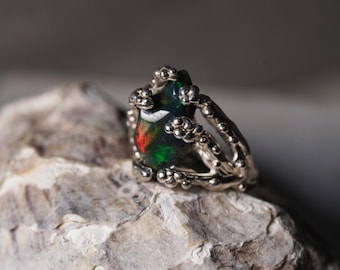 Natural Black Opal Silver Ring – Handmade Sterling Silver Ring – Unique Artisan Statement Ring – Size 7 – One of a Kind Gift for Her