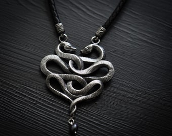 silver Ouroboros snake necklace with black pearl , Gothic alchemy occult necklace by Ellen Rococo