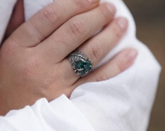 Dioptase Crystal Ring, Raw Green Gemstone Ring, Sterling Silver Ring, Natural Mineral Jewelry, Statement Ring, Handmade Silver Ring