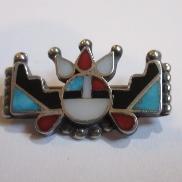 Zuni Vintage Pin, Signed Rex-Small Zuni Sunface Sterling Silver Turquoise MOP Coral Navajo Pin