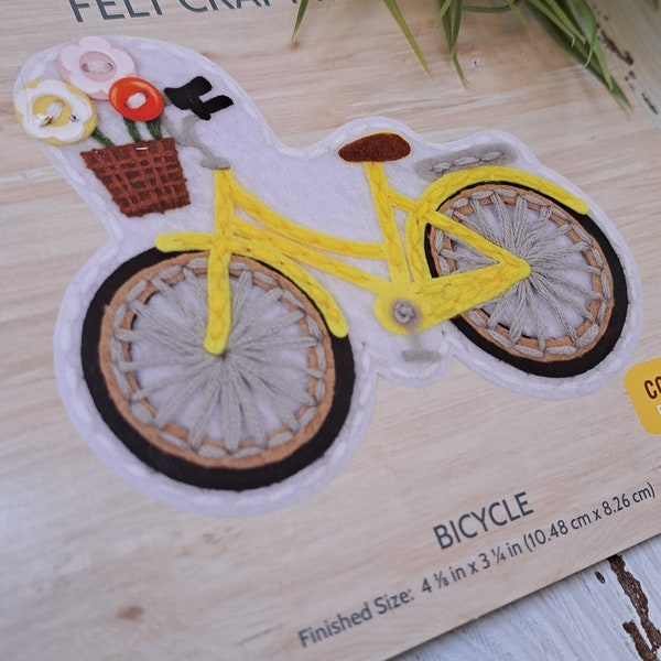 Yellow Bicycle Felt Craft Embroidery DIY Kit Gift for Crafter Intermediate Level Embroidery Learn to Embroider Kit Complete Kit to Sew