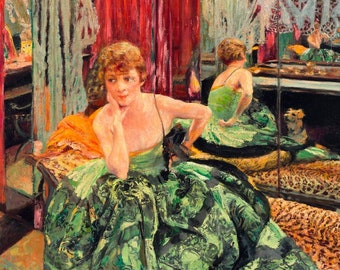 May include: A woman in a green dress sits in a room with red curtains and mirrors. She is looking at her reflection and has a thoughtful expression on her face.