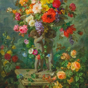 Flower Still LIfe in a Cherub Vase, Cupid, Cherub Art, Angel Decor, Angel Wall Art, Light Academia, Academia Art, French Art, French Country