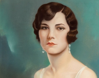 May include: A portrait of a woman with short, dark hair styled in a 1920s bob. She is wearing a white sleeveless dress with a fur stole and pearl earrings. The background is a soft teal color.