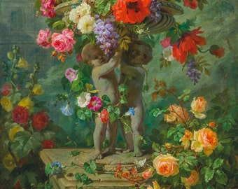 Flower Still LIfe in a Cherub Vase, Cupid, Cherub Art, Angel Decor, Angel Wall Art, Light Academia, Academia Art, French Art, French Country