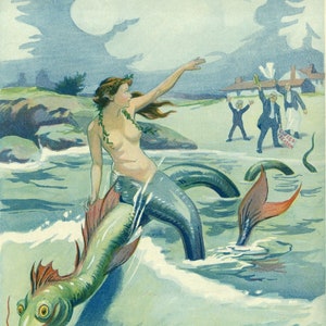 Mermaid Riding Sea Serpent Illustration, Mermaid, Art Nouveau, Ocean Art, Mermaids, Art Deco, 1920’s, Fantasy Art, Selkie, Puck, Sea Nymph,