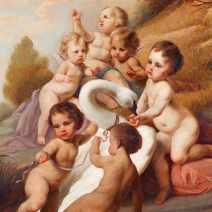 Cupids Playing with a Swan, Cupid, Cherub Art, Angel Decor, Angel Wall Art, Light Academia, Academia Art, French Art, French Country,