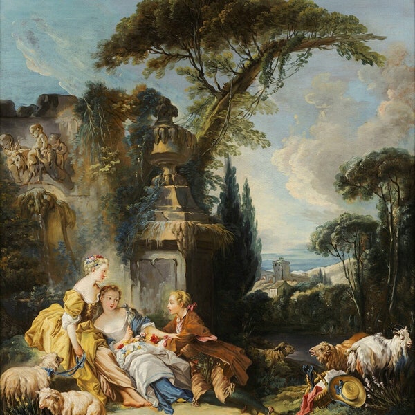 Pastoral Scene by François Boucher, Rococo Art, French Country, Light Academia, Italian art, 18th century, Jean-Honoré Fragonard,