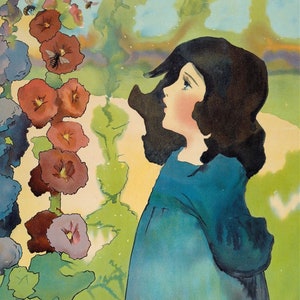 Art Nouveau Girl Looking at Gladiolas, 1910&#39;s Art Print, 1920&#39;s Artwork, Art Nouveau Print, Print of a Watercolor Painting, Flower Art,