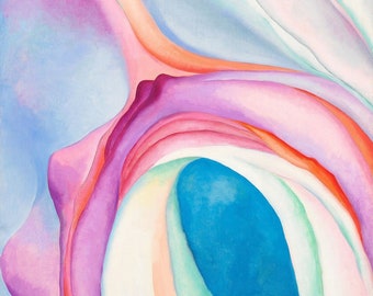 May include: Abstract painting with a blue, oval shape surrounded by layers of pink, white, and green.