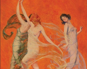 Tres Gracias, Hadas Danzantes, Tres Musas, Arte Naranja, Arte Ecléctico, Arte Maximalista, Arte Brillante, Arte Único, Decoración del Hogar, Art Deco,