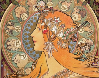 May include: A vintage art nouveau poster featuring a woman with flowing red hair and a crown adorned with crystals and flowers. The woman is surrounded by a circular design of zodiac symbols, including a lion, a crab, a scorpion, and a goat. The poster is signed "Mucha" in the bottom right corner.