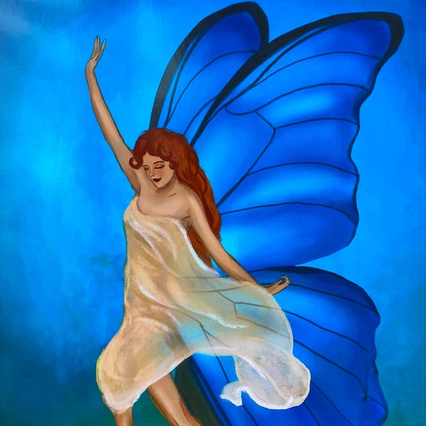 Fairy Art Print, Faires, Fae, Fantasy Art, Blue Morphe, Butterfly Fairy, Artwork, Print of a Painting, Vintage Art