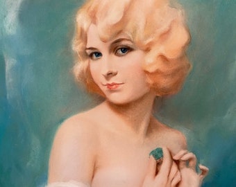 May include: A vintage-style print featuring a woman with blonde, curly hair and blue eyes. She is wearing a green and white draped garment and holding a ring with a green stone. The background is a soft teal color.
