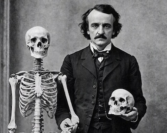 Edgar Allan Poe, Skeleton, Skull, Goth, Gothic Art, Dark Art, Victorian, Edgar Allan Poe With Skeleton, Art Print, Altered Art, Photograph