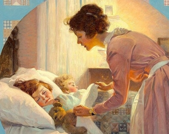 Norman Rockwell, Mother Tucking Children into Bed, Mother’s Little Angels, Rockwell Art Print, Norman Rockwell Print, Rockwell Artwork,