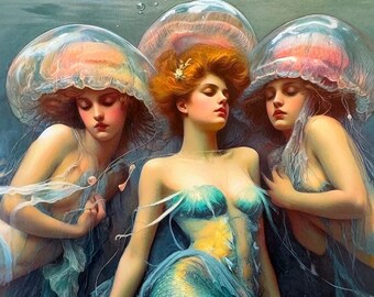 Mermaid Artwork, Art Print, Mermaids, Selkie, Water Maiden, Mermaid Wall Art, Mermaid decor, Art Deco, Art Nouveau, Jellyfish,