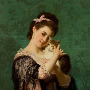 Joseph Curaud painting, Woman and Cat, Art Print, Artwork, Print of a Painting, Vintage Art, Cat Art, Woman Holding a Cat, Victorian Art,