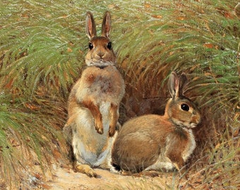 May include: An oil painting depicts two brown rabbits in a natural setting. One rabbit stands upright, while the other rests on the ground. The scene is surrounded by green grass and foliage, with a soft, natural light.