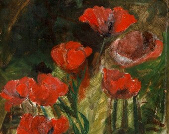 Vase de coquelicots, Fleurs, Nature morte, Arrangement floral, Fleurs, Art mural, Art coquelicot, Art mural rouge, MCM Décor, Illustration florale vintage,