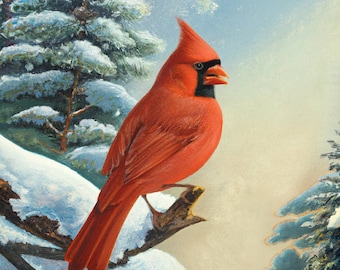 Cardinal Bird Winter Scene, Winter Scene, Bird on a Branch, Cute Bird Bird Art, Artwork, Print, Artwork, Scene, Scenery, Remembrance,