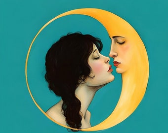 May include: An artistic illustration of a woman kissing a crescent moon. The woman has dark hair and red lips, and the moon is a bright yellow. The background is a solid teal color, and the moon forms a golden ring around the woman.