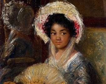 Young Girl Holding a Fan by Simon Maris , African American Art, Black Art, African American Portrait, Portrait, Print of Oil Painting,