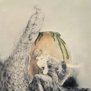 Louis Icart, Woman and the Peacock,  Louis Icart Print, Print of a Painting, 1940&#39;s Artwork, 1950&#39;s Artwork, French Art Print, Bedroom Art,