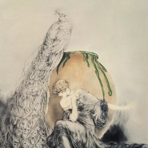 Louis Icart, Woman and the Peacock,  Louis Icart Print, Print of a Painting, 1940's Artwork, 1950's Artwork, French Art Print, Bedroom Art,