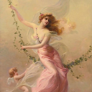 May include: A woman in a pink dress swings on a vine with a cherub holding onto her dress. The woman has long flowing red hair and a floral crown. The background is a soft, light blue.
