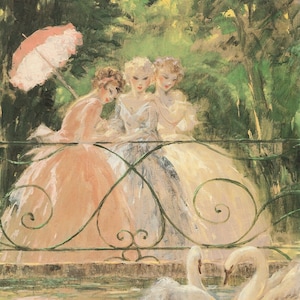 Louis Icart, les femmes françaises et les cygnes, impression Louis Icart, impression d'une peinture, oeuvre des années 40, oeuvre des années 50, art Français,