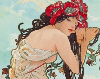 Art Nouveau Style Fine Art Print by Alphonse Mucha of a Beautiful Woman from the Seasons Series