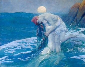 Mermaid, Art Nouveau, Lovers, Ocean Art, Mermaids, Art Deco, Howard Pyle, Illustration, 1920’s, Fantasy Art, Selkie, 8x10 Print