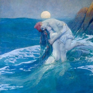 Mermaid, Art Nouveau, Lovers, Ocean Art, Mermaids, Art Deco, Howard Pyle, Illustration, 1920’s, Fantasy Art, Selkie, 8x10 Print