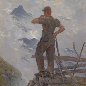 Vintage Mountain Scene of a Shepard Calling his Flock of Sheep