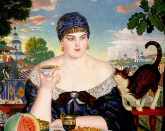 Art Deco Woman and Her Cat Having Tea, Portrait of a Flapper, Art Print, 1920’s, Art Deco Art,