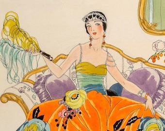 May include: An illustration of a woman in a vibrant orange and green dress adorned with large blue and yellow floral designs. She is seated on a gold-framed sofa, holding a yellow fan. The artwork has a vintage, art deco style.