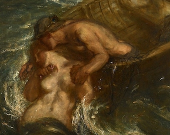 May include: A painting depicting a dramatic scene of a man rescuing a woman from the sea. The man is holding the woman in his arms, and they are both surrounded by swirling waves. The painting is done in a realistic style, with a focus on the figures and their expressions.