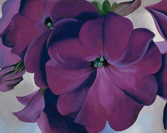May include: Close-up of a painting of purple petunias. The flowers are painted in a realistic style with soft, blended colors.