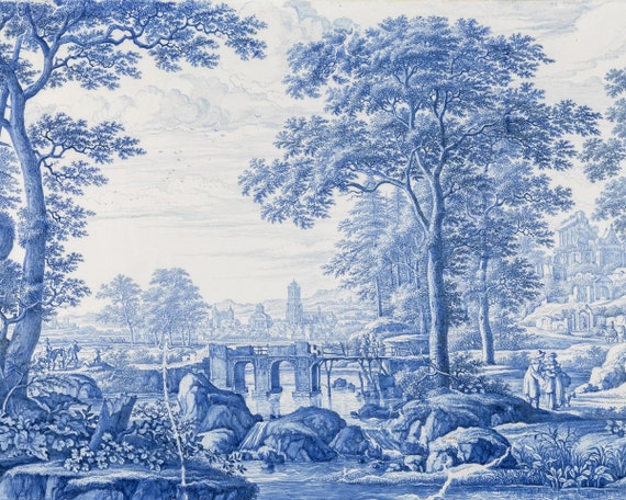 Toile Blue, Chinesorie, Living Room Art, Bathroom Art, Bedroom Art, Vintage Art Illustration,