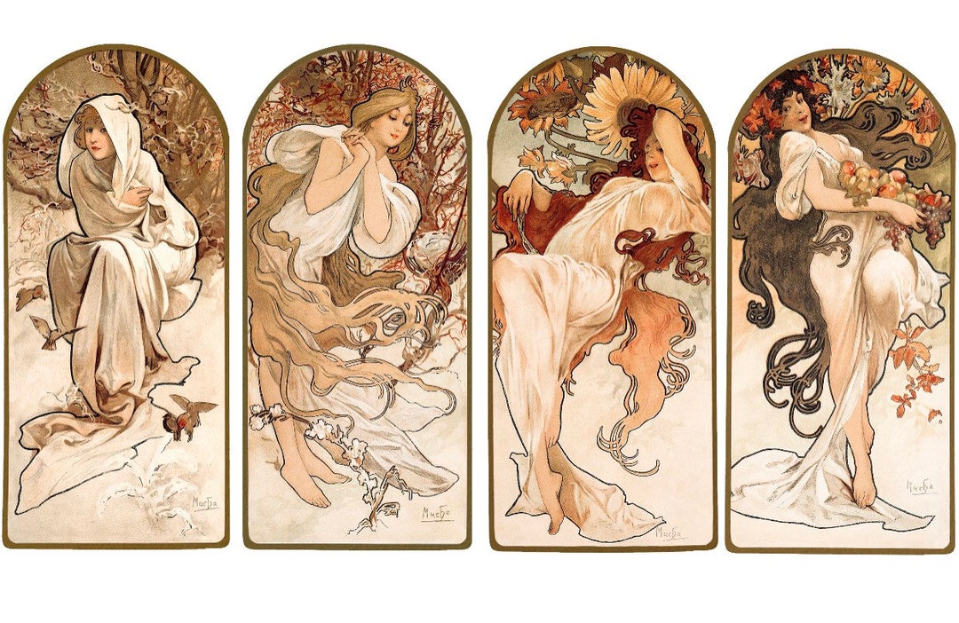 幸せなふたりに贈る結婚祝い 大判 Alphonse Mucha ガラス絵の冬 - 四季 絨毯 額入アート 絵画