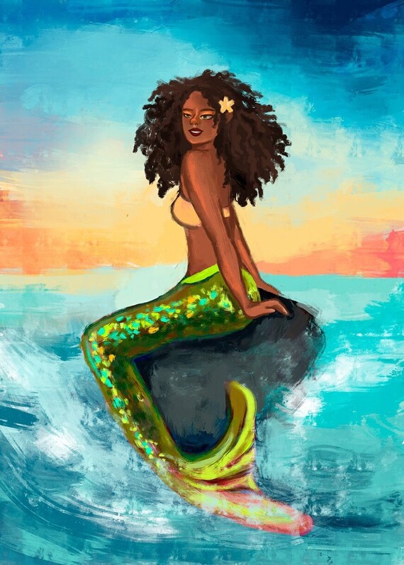 Mermaid Art Mermaids Art Print Mermaid Decor African American Mermaid Beach House Decor Beachhouse Mermaid Artwork