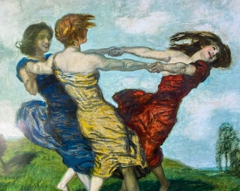 May include: Three women in flowing dresses dance in a circle against a cloudy sky. The woman in the center wears a yellow and gold dress, the woman on the left wears a blue dress, and the woman on the right wears a red dress.