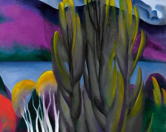 May include: Abstract painting of a landscape with a purple mountain, a blue lake, and trees with yellow and green leaves. The trees are in the foreground and the mountain and lake are in the background.